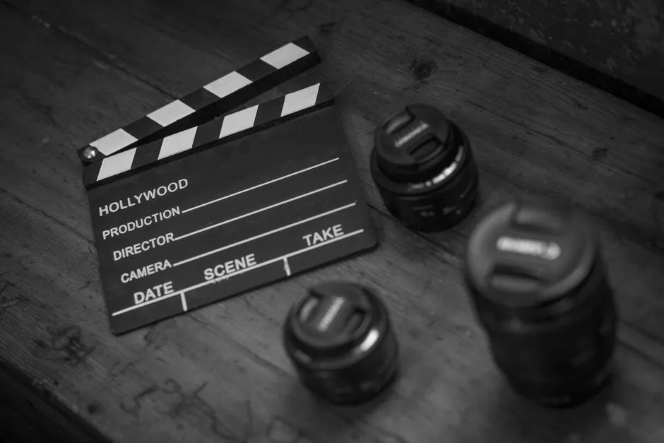 Clapperboard next to a camera lens on a film set